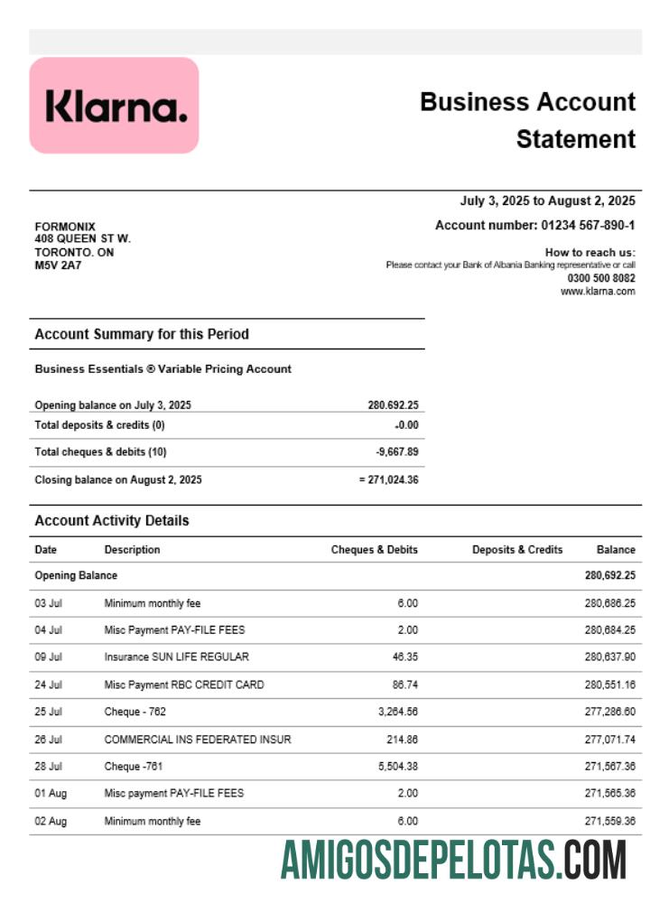 Em branco Klarna Bank Firm modelo de extrato de conta Word e PDF